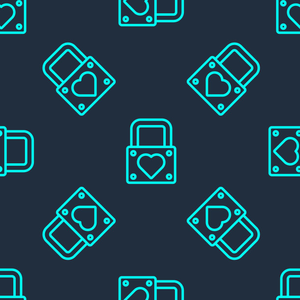 绿线锁和心形图标隔离无缝模式在蓝色背景。锁心。爱情的象征和钥匙孔的标志。情人节的象征。向量图片下载