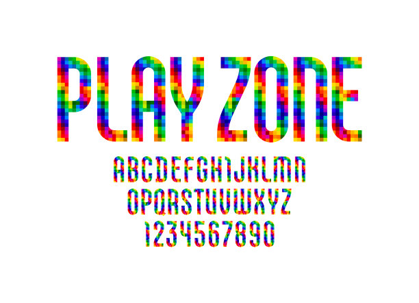 彩色像素的马赛克字体，时髦明亮的无衬线字母，现代充满活力的彩色字母和数字，矢量插图10EPS图片下载