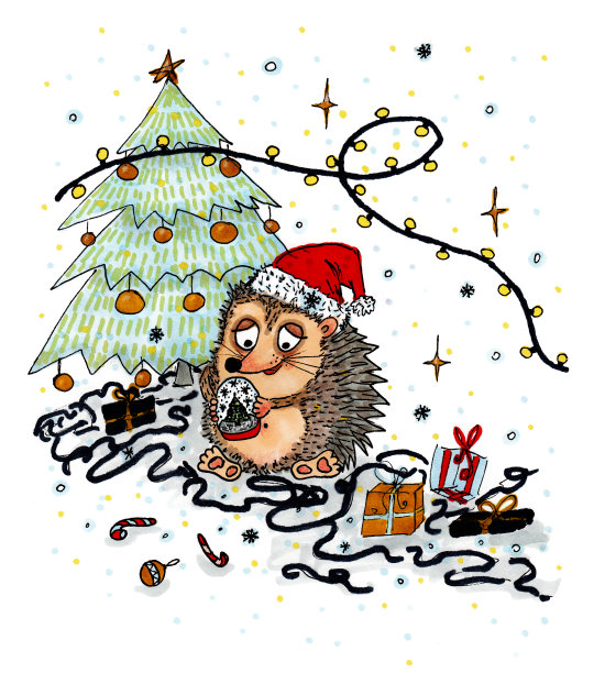 圣诞树下的刺猬。手绘插图。卡通风格。图片下载