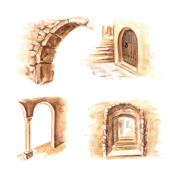 北非、地中海和摩洛哥的建筑元素。手绘水彩插图孤立的白色背景图片下载