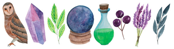 水彩与巫术元素隔离在白色背景。神秘物体的剪贴画。猫头鹰，水晶，树枝，瓶子里的药水，算命球。图片下载