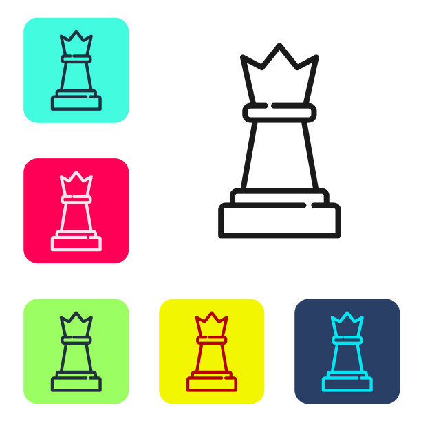 黑线象棋图标孤立在白色背景。商业策略。游戏,管理、财务。设置图标的颜色方形按钮。向量图片下载