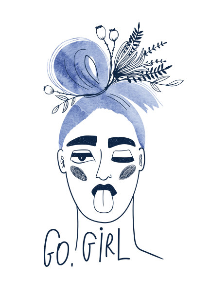 那个有着水彩蓝色头发和野花的女人。图片下载