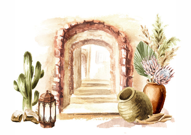 地中海、北非或摩洛哥的古老建筑。壶和鲜花。手绘水彩插图孤立的白色背景图片下载