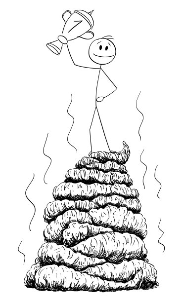 矢量卡通插图的成功的人或商人胜利者站在大堆或堆臭气熏天的粪便或大便和庆祝胜利图片下载