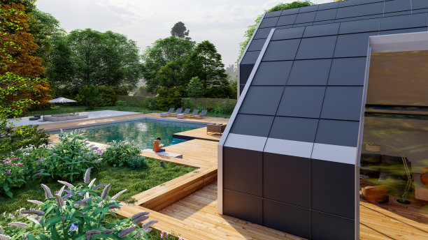 带游泳池和花园的现代坡屋顶别墅图片下载