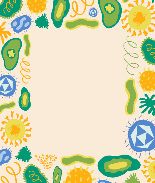 彩色矢量矩形框架与不同的病毒和细菌在轻桃色背景图片下载