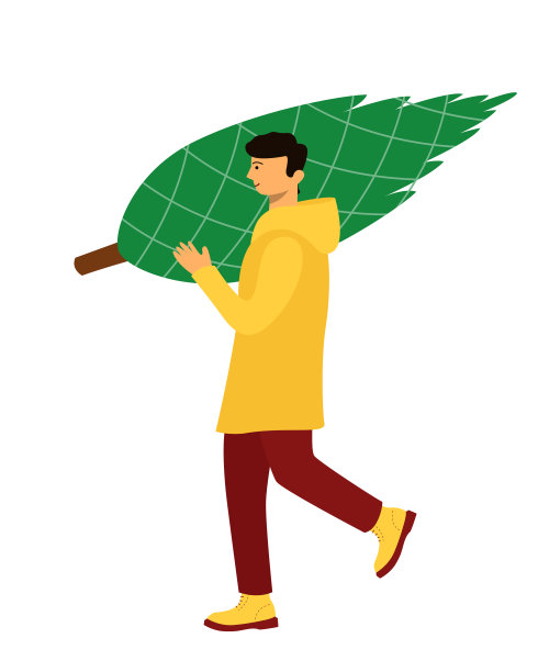 穿着黄色夹克 carrying a christmas new year tree的白人男子素材图片