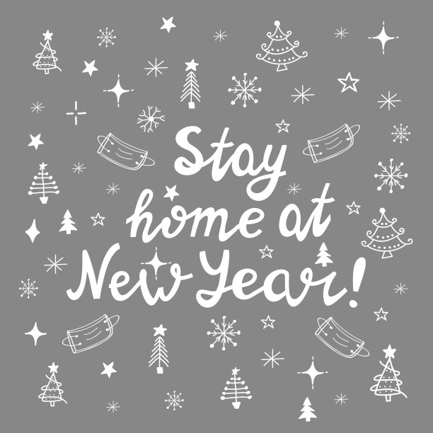 新年呆在家里，灰色的背景上写着白色的手写字母。图片下载
