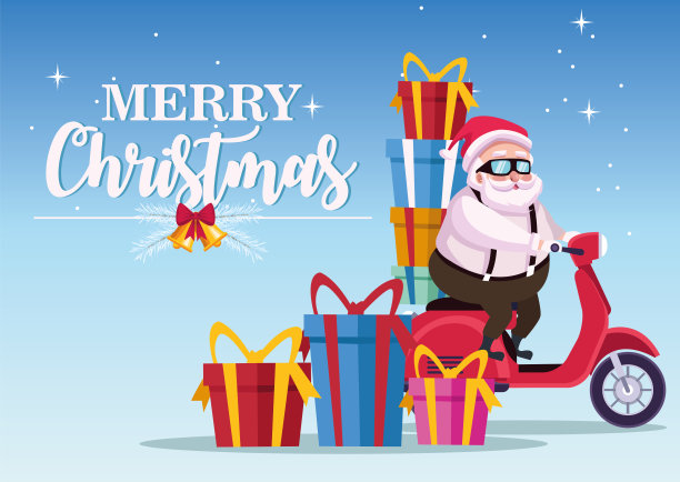 圣诞贺卡，圣诞老人在摩托车和礼物图片下载