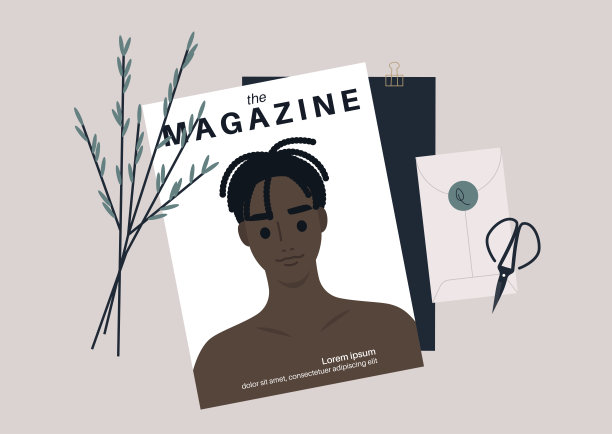 优雅的静物，一本杂志，上面有一个年轻男性黑人角色的头像，树枝上有树叶，剪刀上有信封图片下载