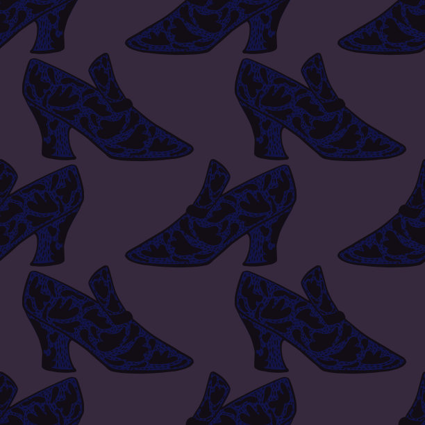 无缝模式的风格主题与时尚靴子剪影。深蓝色和紫色深色调色板印花。图片下载