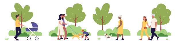 一家人在城市公园一起散步，卡通城市景观夏日公园场景图片下载