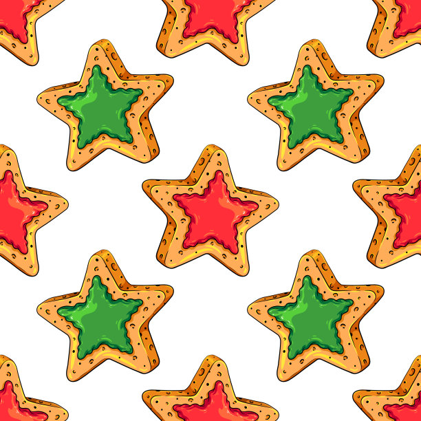 甜星饼干与圣诞传统色彩矢量无缝图案图片下载