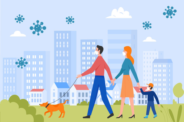 戴着防护口罩的家人在城市公园散步图片下载