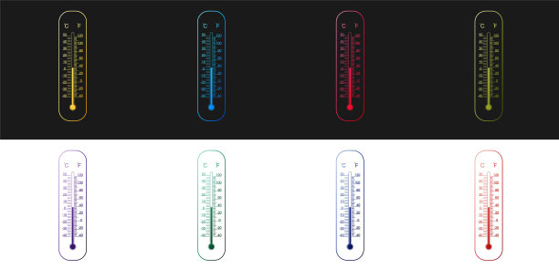 设置摄氏和华氏气象温度计测量图标隔离在黑色和白色背景。显示热或冷天气的温度计设备。向量图片下载