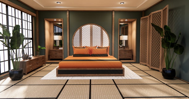 圆墙设计上的黑暗卧室日本设计榻榻米地板。三维渲染图片下载