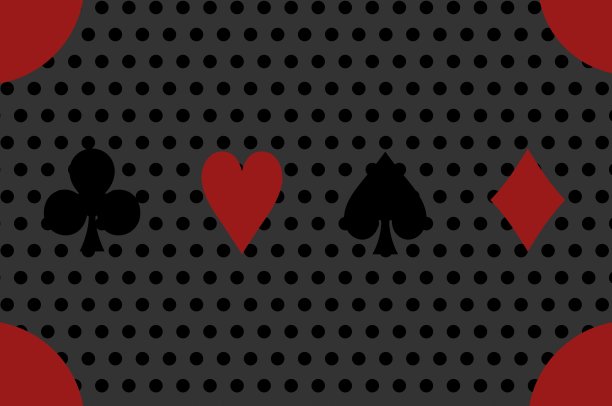 黑桃，红心，梅花，钻石图标在灰色背景与黑点。扑克游戏的四种花色，象征黑桃，红桃，梅花和方块。无缝矢量模式与图标的扑克牌图片下载
