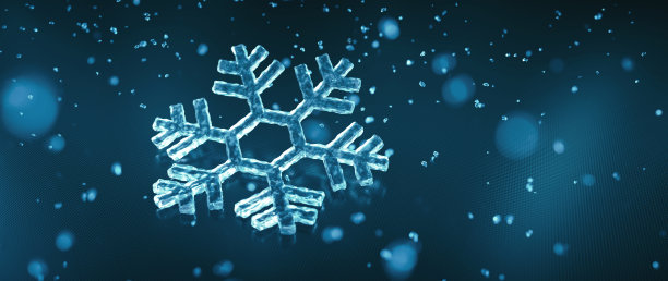 宽阔的水平场景与单一程式化的冰雪花铺在一个人造表面与雪冰颗粒图片下载