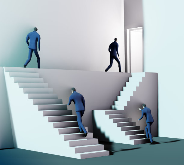 3D渲染图，商业人士在抽象的环境中奔向成功的楼梯代表解决问题，找到正确的方法，咨询，竞争和成就图片下载