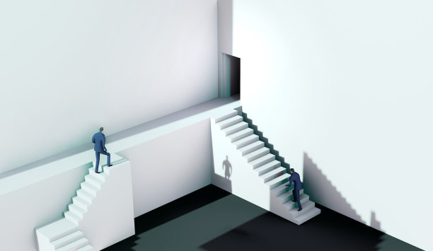 3D渲染图，商人在抽象的环境中奔向成功的楼梯代表了解决问题，找到正确的方法，咨询，竞争和成就图片下载