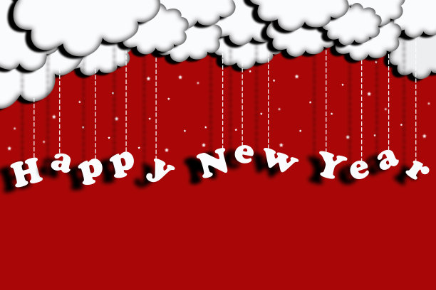 新年快乐贺卡。红底白云雪花，纸艺插画图片下载
