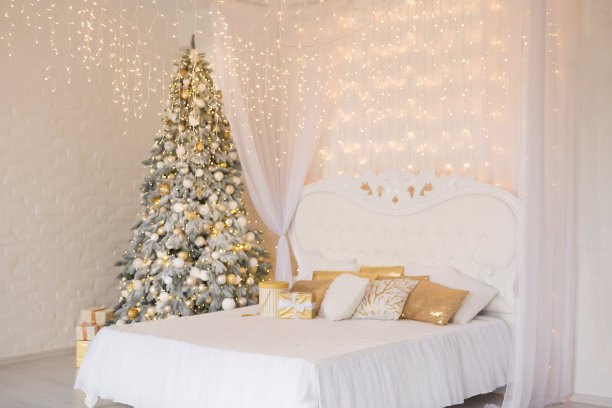 宽敞的白光卧室里装饰着圣诞树和花环。新年内部图片下载