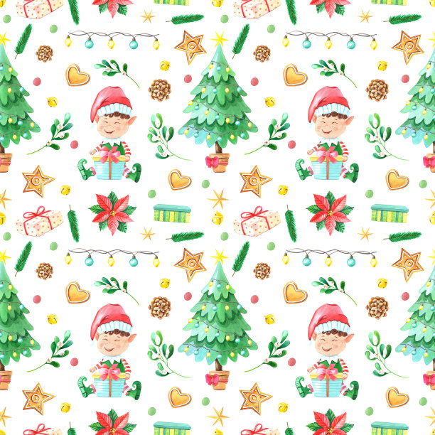 圣诞水彩无缝图案精灵男孩，圣诞树，姜饼，礼盒，绿色的树叶，松树在白色的背景。新年手绘冬季插画。图片下载