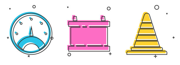 设置速度计，汽车电池和交通锥图标图片下载