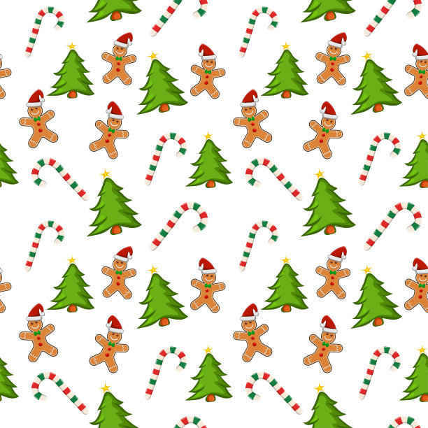假日图案与姜饼饼干，糖果手杖和圣诞树在白色的背景。包装纸与重复瓷砖。非常适合圣诞卡或背景。向量无缝模式。图片下载