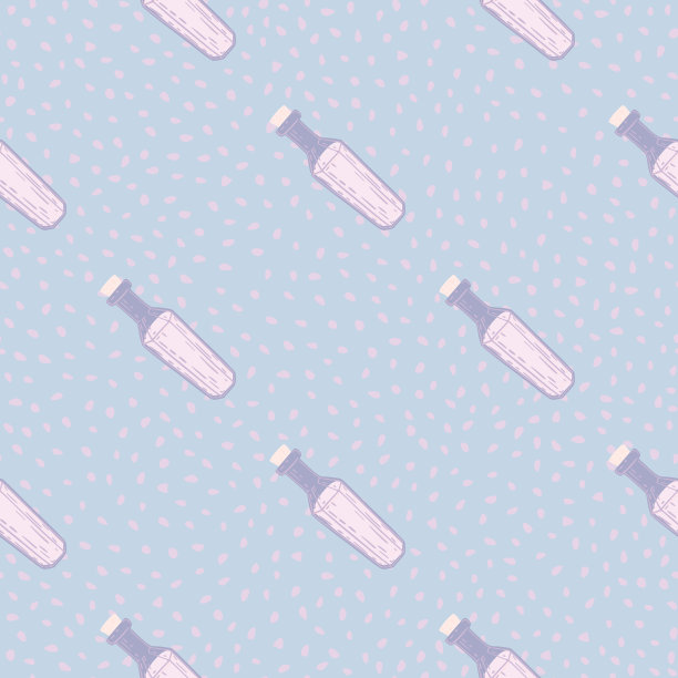 极简的粉彩无缝模式与药水瓶白色轮廓。蓝色背景。图片下载
