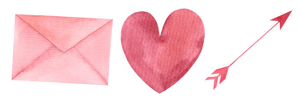 集水彩手绘粉色信封，心，丘比特之箭。情人节，母亲节，婚礼，图片下载