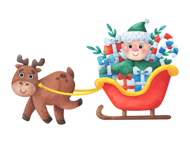 圣诞驯鹿驾着红色的雪橇赶着圣诞老人的助手小精灵。新年水彩插画。假日印刷在一个卡通风格的贺卡的白色背景。水平组合。图片下载