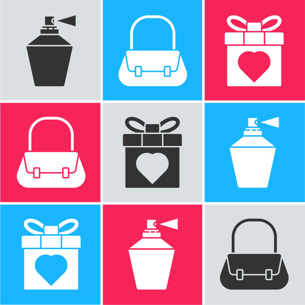 套装香水手袋、礼盒和心形图标图片下载