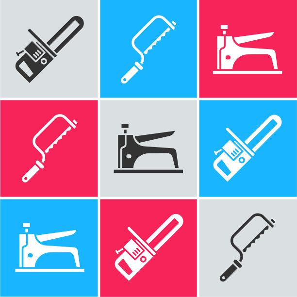 套链锯、钢锯和建筑订书机图片下载