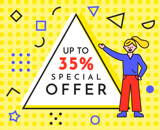 促销banner：一位女士站在广告海报旁，提供高达35%的特别优惠图片下载
