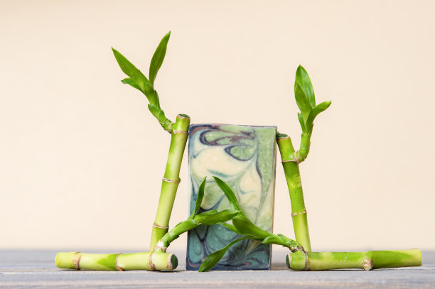 手工肥皂，绿竹，米色背景图片下载