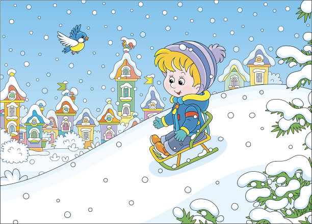 小男孩从雪山上滑下来图片下载