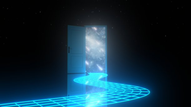 抽象美学的蒸汽波门开放的空间星星霓虹路径-抽象的背景纹理图片下载