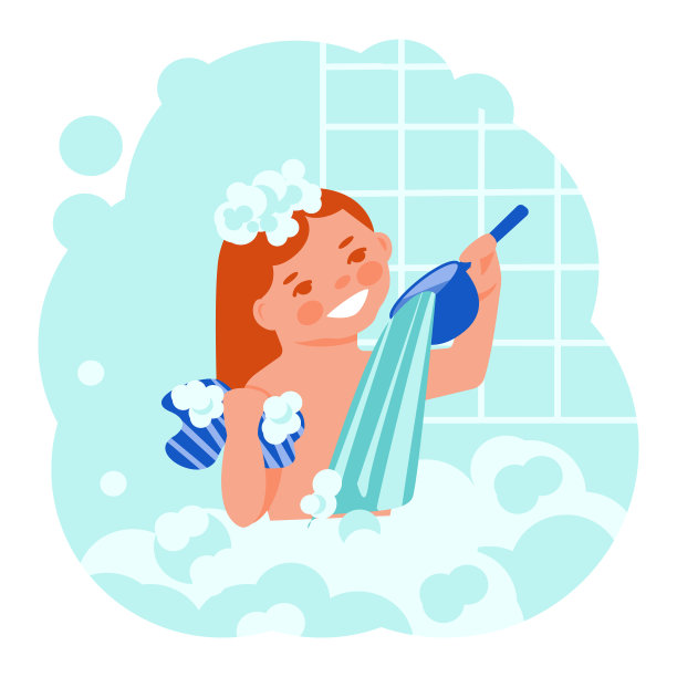 小g在泡泡浴里洗。向量的概念。卡通平的风格。图片下载