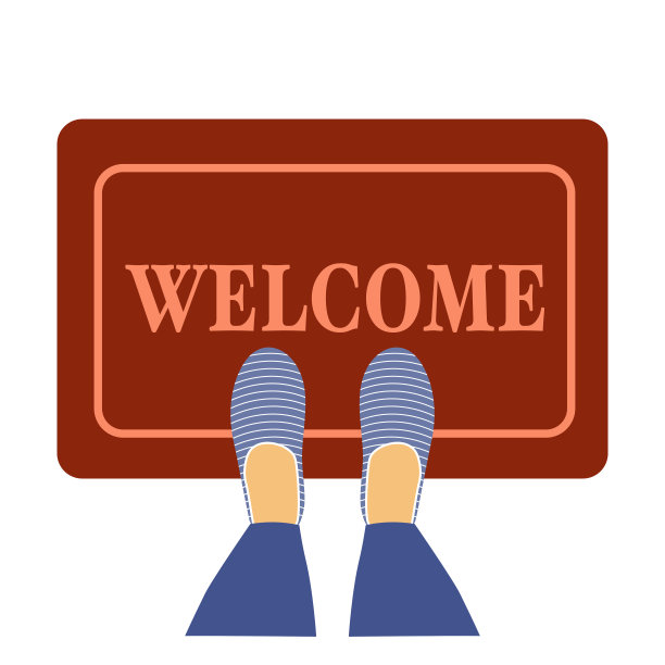 欢迎门垫与蓝色鞋子在平面设计概念矢量插图上的白色背景。图片下载