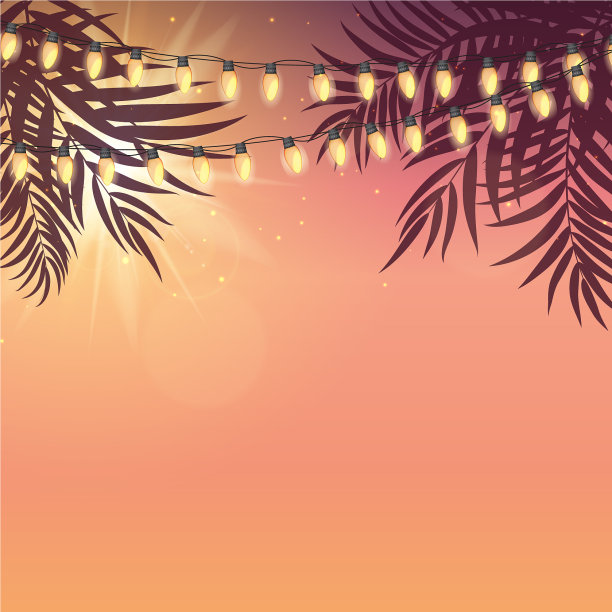 夏日假日设计夕阳与棕榈叶图片下载