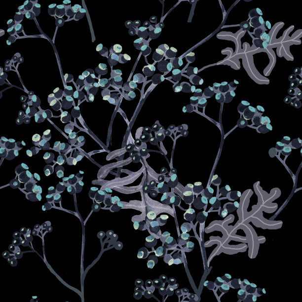 水彩草与浆果在黑色无缝模式。图片下载