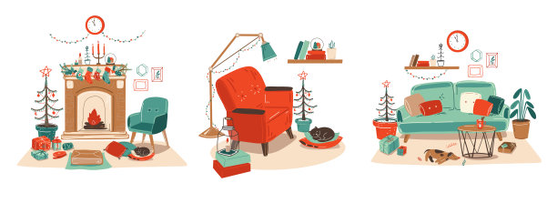 斯堪的纳维亚室内与十二月家居装饰。树,礼物,蜡烛。舒适的冬季假期。可爱的Hygge风格插图。圣诞节用壁炉、圣诞树装饰客厅图片下载