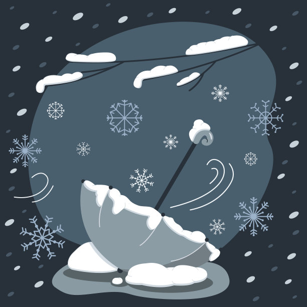 雨伞躺在雪地上，背景是黑色的。图片下载