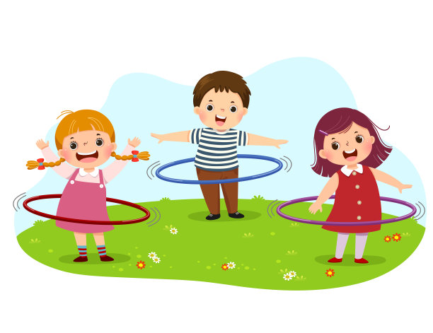 儿童在公园里玩呼啦圈的矢量插图卡通。图片下载