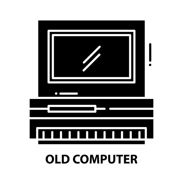 旧电脑图标，黑色矢量符号与可编辑的笔触，概念插图图片下载