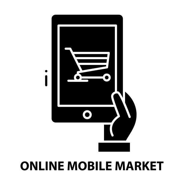 在线移动市场图标，黑色矢量符号与可编辑的笔触，概念插图图片下载