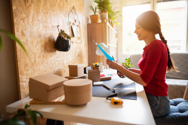 漂亮的女人在家里做装饰盒子图片下载