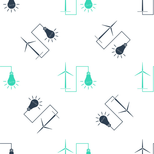 绿色风力发电机发电能源和灯泡图标隔离无缝模式的白色背景。利用风力磨坊生产自然可再生能源。向量图片下载
